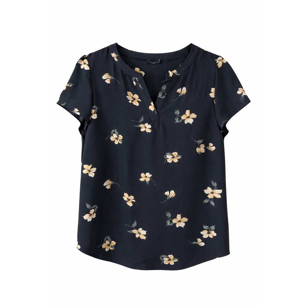 Hilary Radley Black Floral Split Neck Short Sleeve Blouse NWT XL